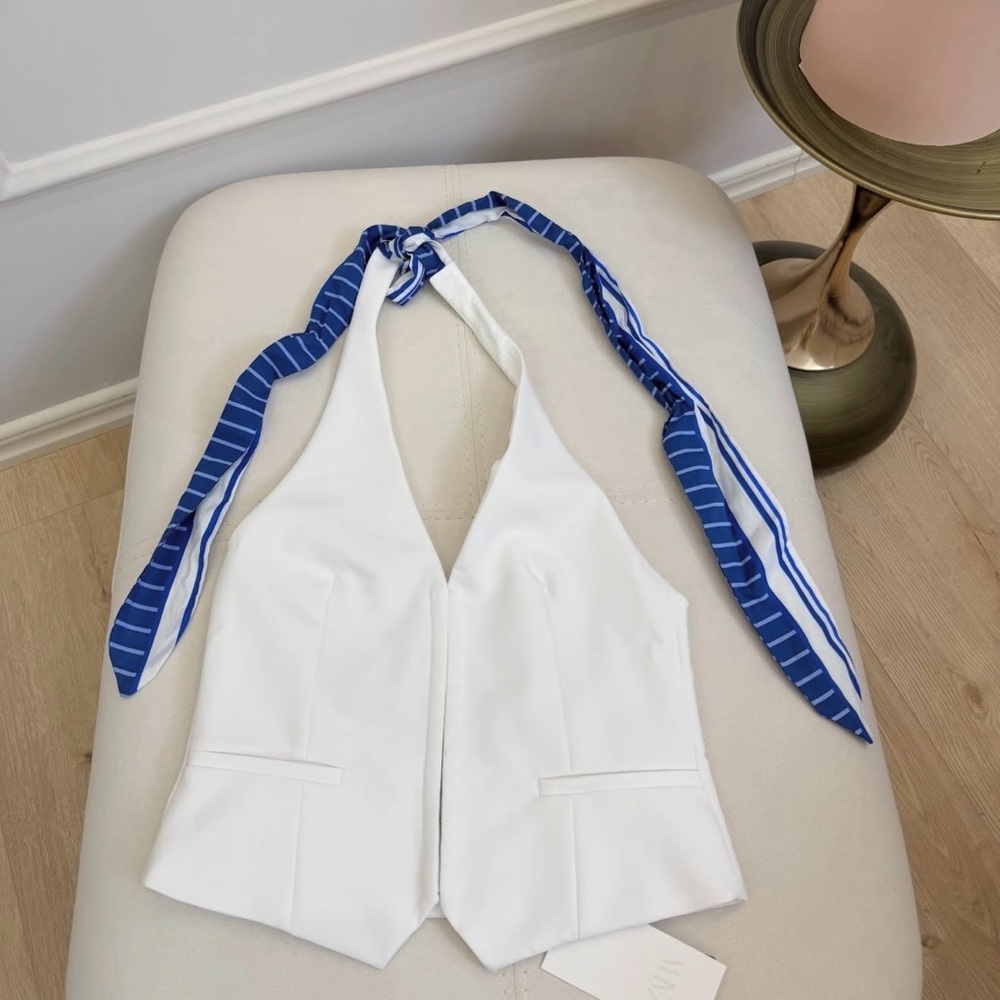 Zara White Vest with Blue Striped Bow